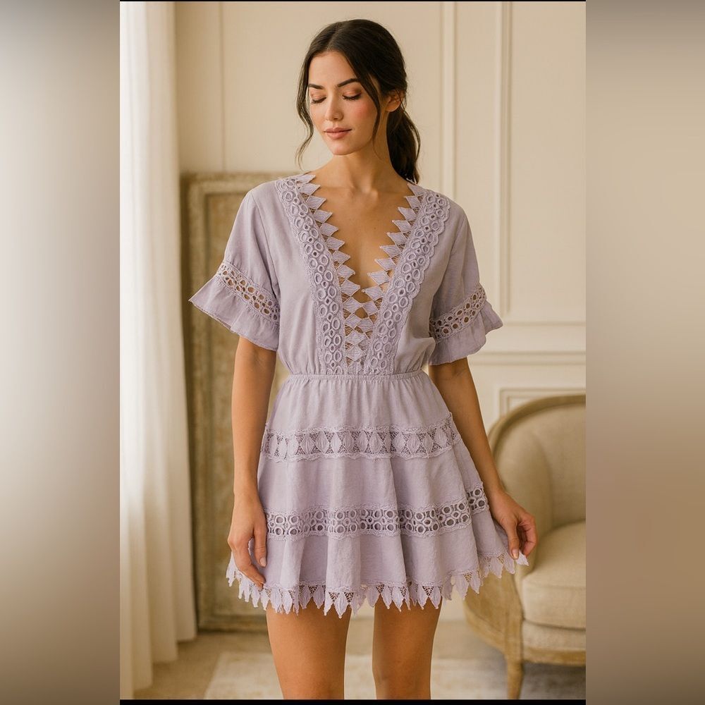 Peixoto Ora Lavender Eyelet Lace Cotton Mini Dress Flutter Sleeve Boho Resort S